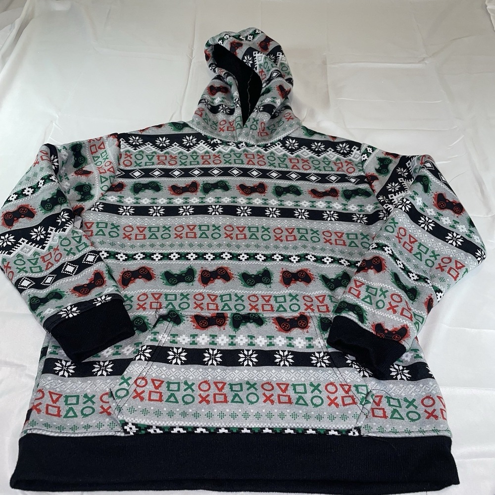 Berkley Jensen Gamer Fair Isle Sherpa Lined Hoodie Boys 14/16 Gray Video Game